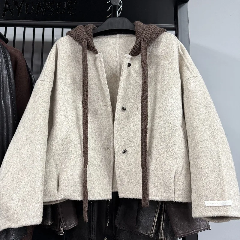 

AYUNSUE Women's Wool Coat Casual Hooded Short Jackets for Woman Fashion Long Sleeve Tops Autumn Winter Clothes Woman Ropa Mujer