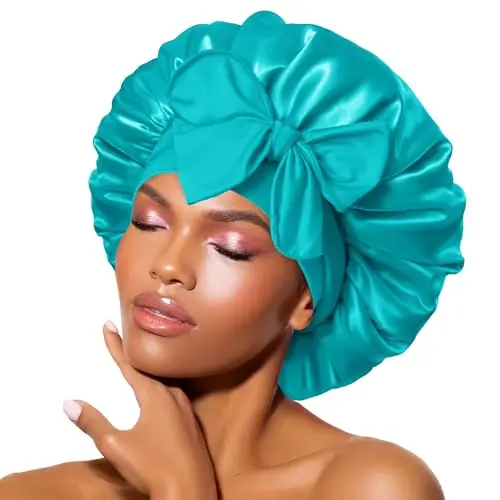 BONNET QUEEN Satin Bonnet Silk for Sleeping Women Hair Night Sleep Cap Scarf wrap Curly with tie Band Aqua Blue