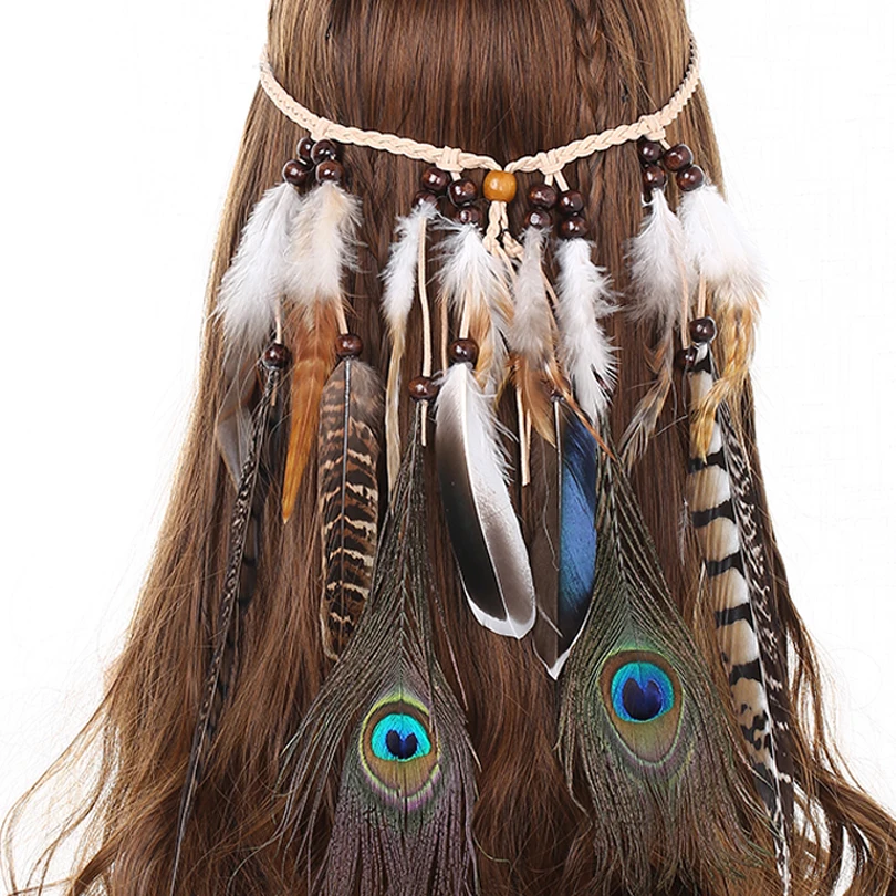 AWAYTR AWAYTR Boho Feather Headband for Women Peacock Feather Hairband Fashion Girls Festival Beads Feather Hair Accessories