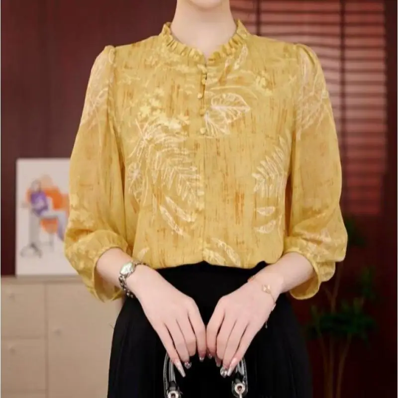 

Elegant Fashion Fit Female Clothes Loose Sweat Casual All Match Tops Women Ruffled Stand Collar Button Shirt