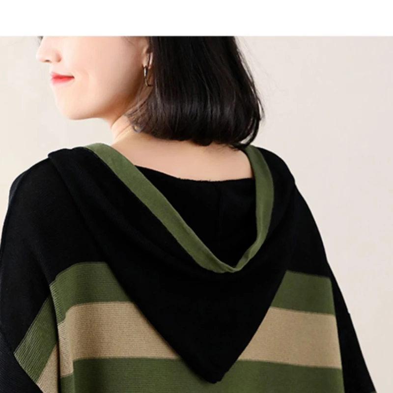 Fall/Winter Women\'s 2024 New Spliced Pullover Hooked Striped Sweater Fashion Loose and Versatile Casual Long Sleeve Knitted Tops