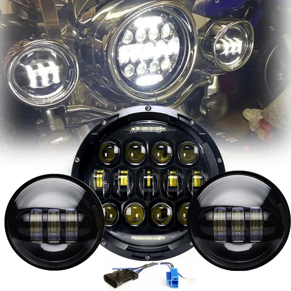 

75W 7'' LED Motorcycle Headlight With 4.5'' 30W Fog Light Passing Spot Lamp For Fat Boy Road King FLHR Electra Glide