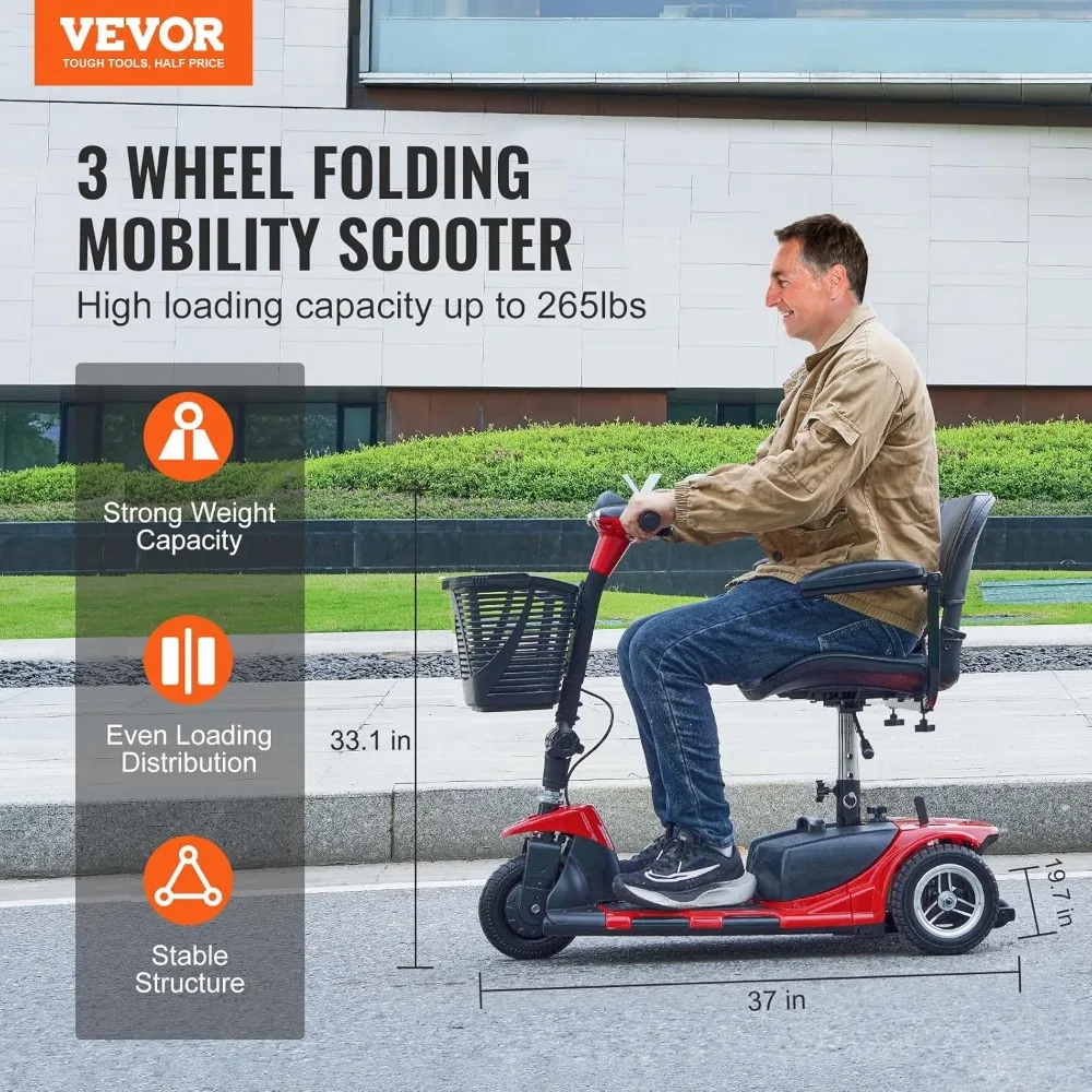 3 Wheel Folding Mobility Scooter for Adults & Seniors, Heavy-Duty Electric Powered Mobility Scooter & 12 Mile Long Range