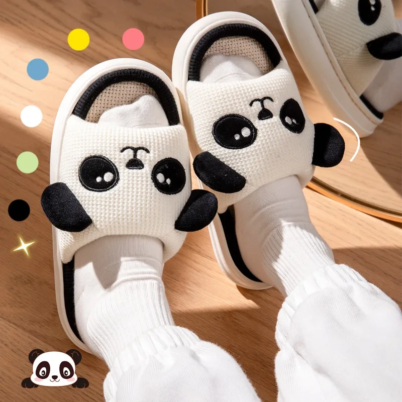 Girls Indoor Linen Slippers Woman Cartoon Milk Cow Shoes Man Funny Panda House Shoes New Women Cute Animal Slippers Four Seasons