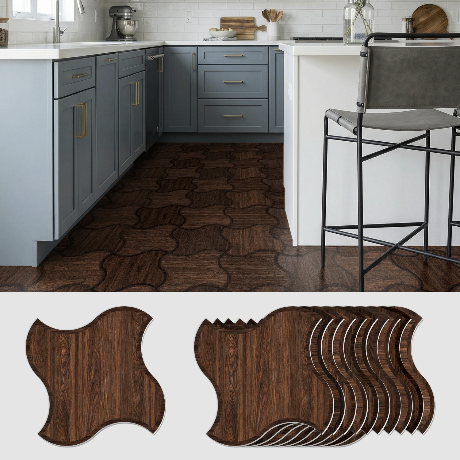 Dark Brown Wood Wave Shape Peel and Stick Floor Tiles 10-50Pcs 11.81inch Waterproof Self Adhesive Flooring f