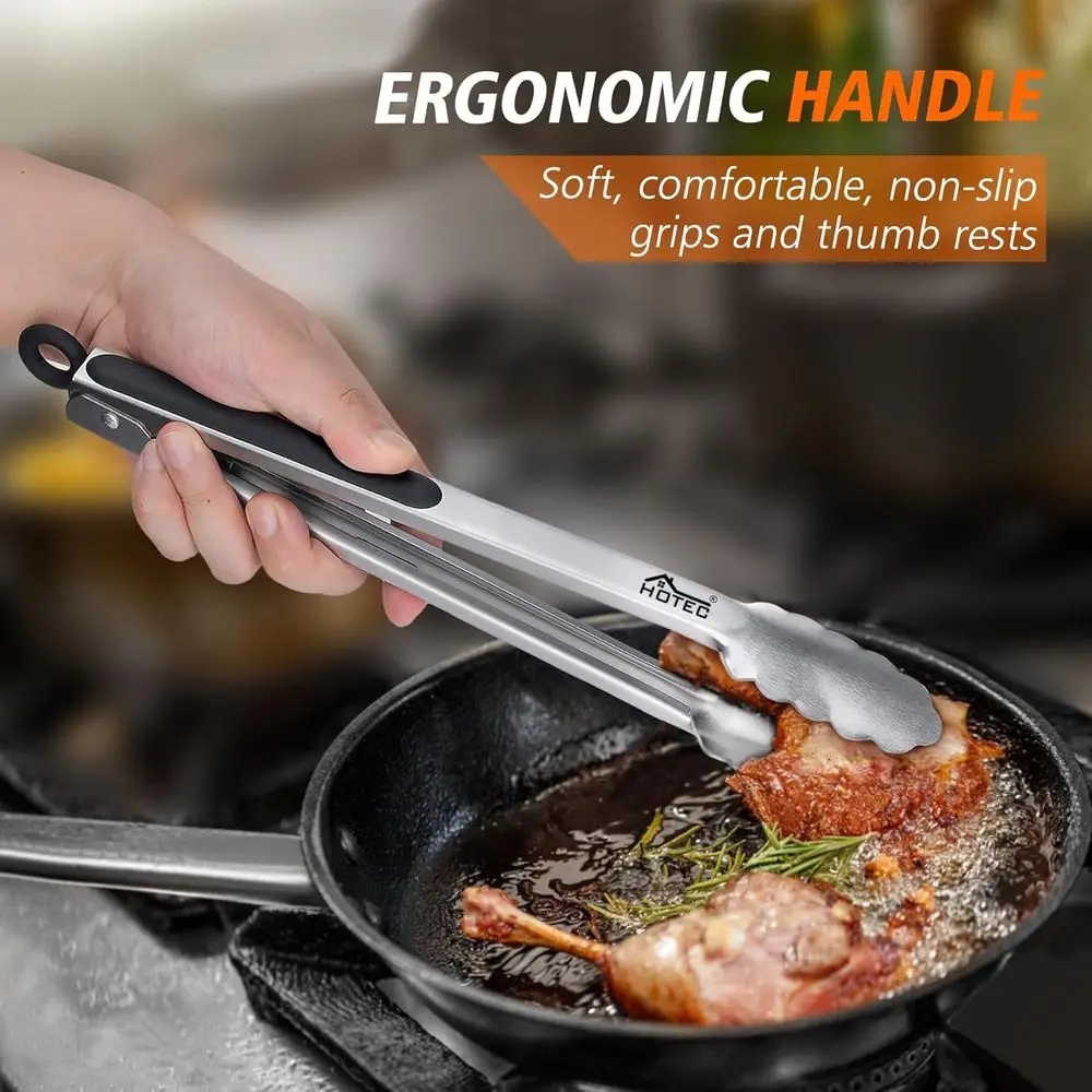 Kitchen Tongs Set of 2 - 9 and 12, Locking Metal Food Tongs for Cooking, Serving, BBQ, Grill, Non-Slip Grip