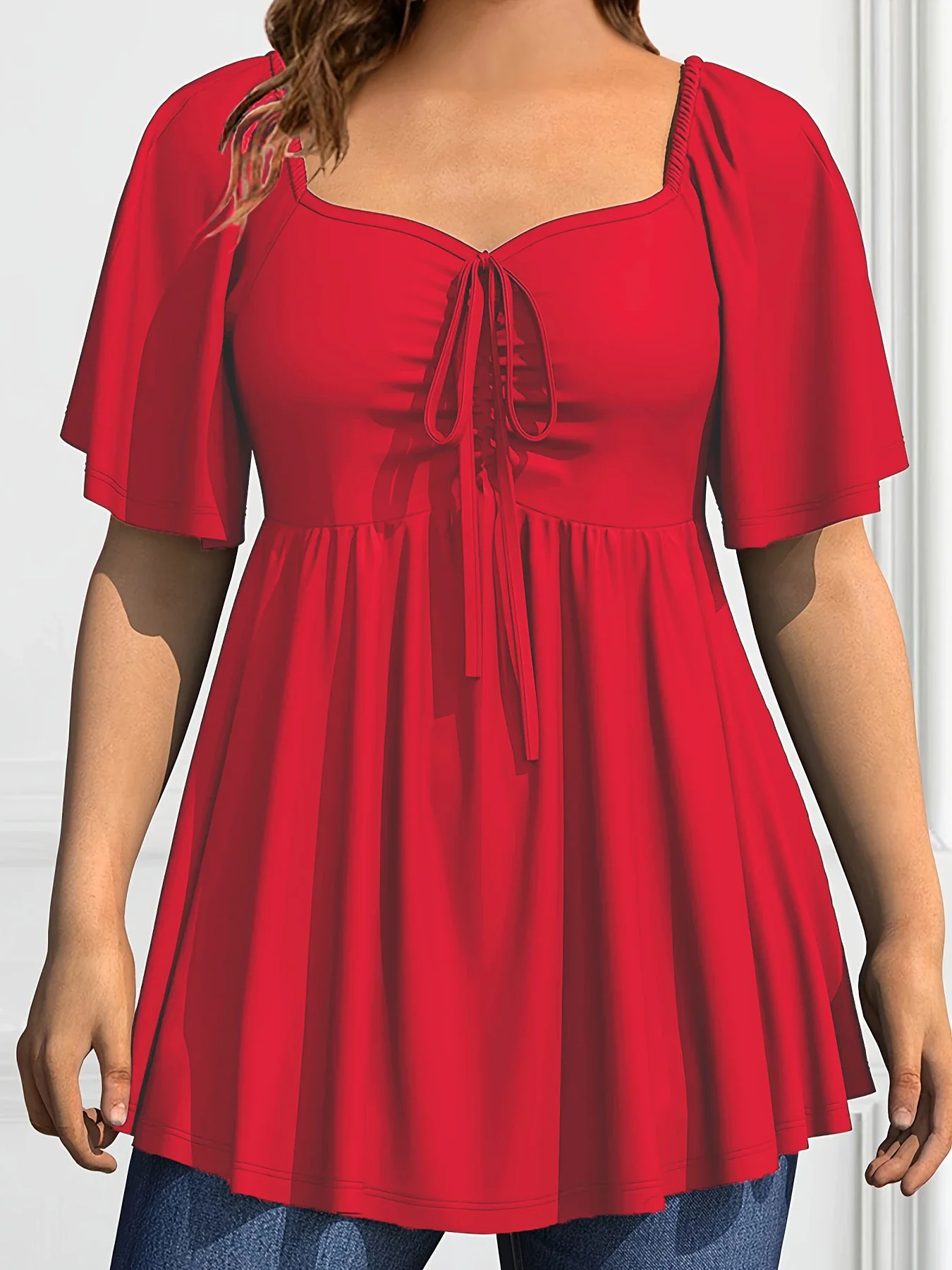 Plus Size Mode eine Linie Frauen Bluse lässig plissiert dekorative Kordel zug quadratischen Kragen T-Shirt elegante Sommer Kurzarm Top