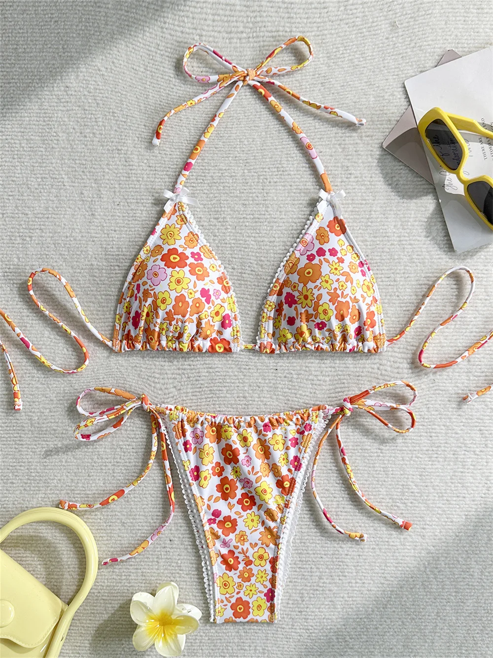 Cute Lace Trim Floral Bikini Bowknot String Halter Backless Swimsuit Women Vacation Swimwear Y2k Print Bathing Suit Beach Outfit