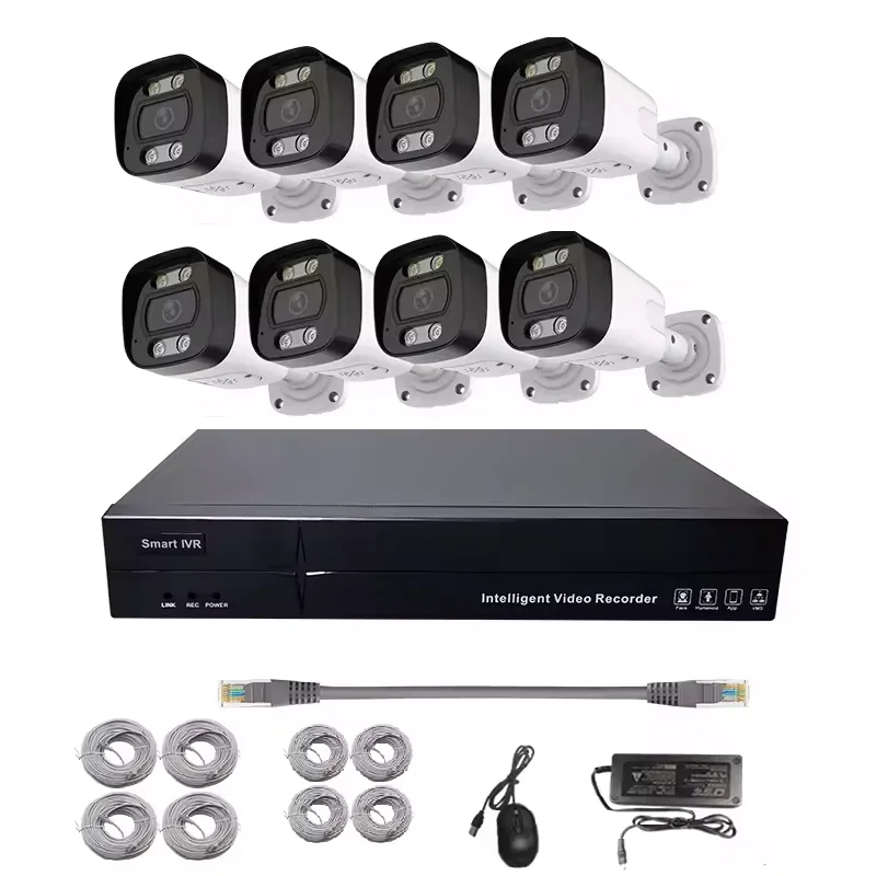 Sistema de câmera CCTV 4K Rede Kit NVR interno e externo Visão noturna colorida 8CH 8MP IVR POE Fonte de alimentação