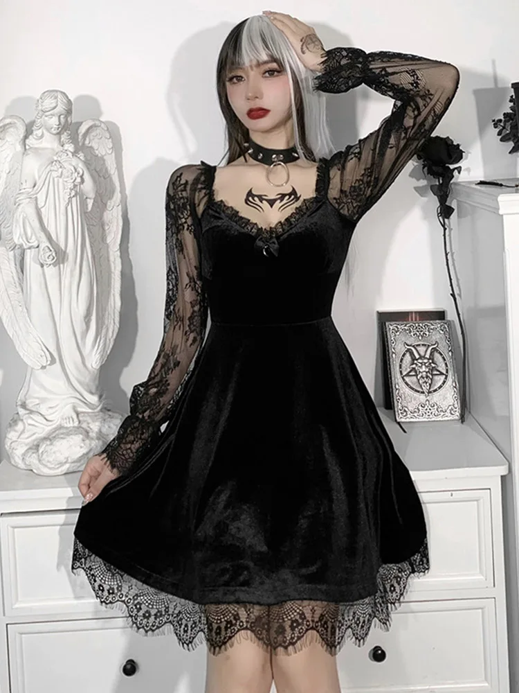 Gothic Lolita ลูกไม้ Trim กำมะหยี่ A-Line ชุดผู้หญิงเซ็กซี่ยาวแขนยาว V คอ Slim ชุดมินิเดรสคอสเพลย์ปาร์ตี้เครื่องแต่งกาย