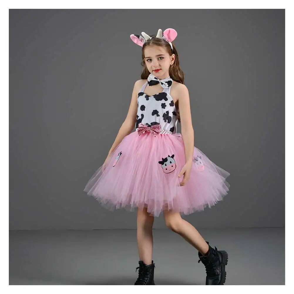 Kids Girls Pink Cow Tutu Dress Cosplay Skirt Mesh Costume Children Performance Stage Suit Outfits Halloween Carnival Party Cloth