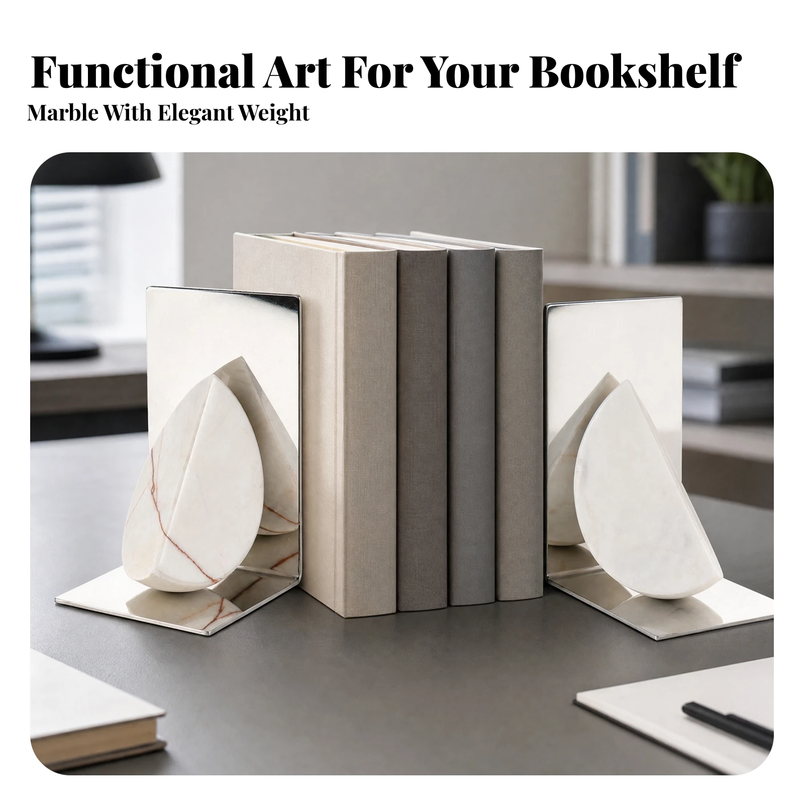Bookend with Metal Support Decorative L-Shaped Bookend Minimalist Geometric for Book Lovers, Bookshelf, Office