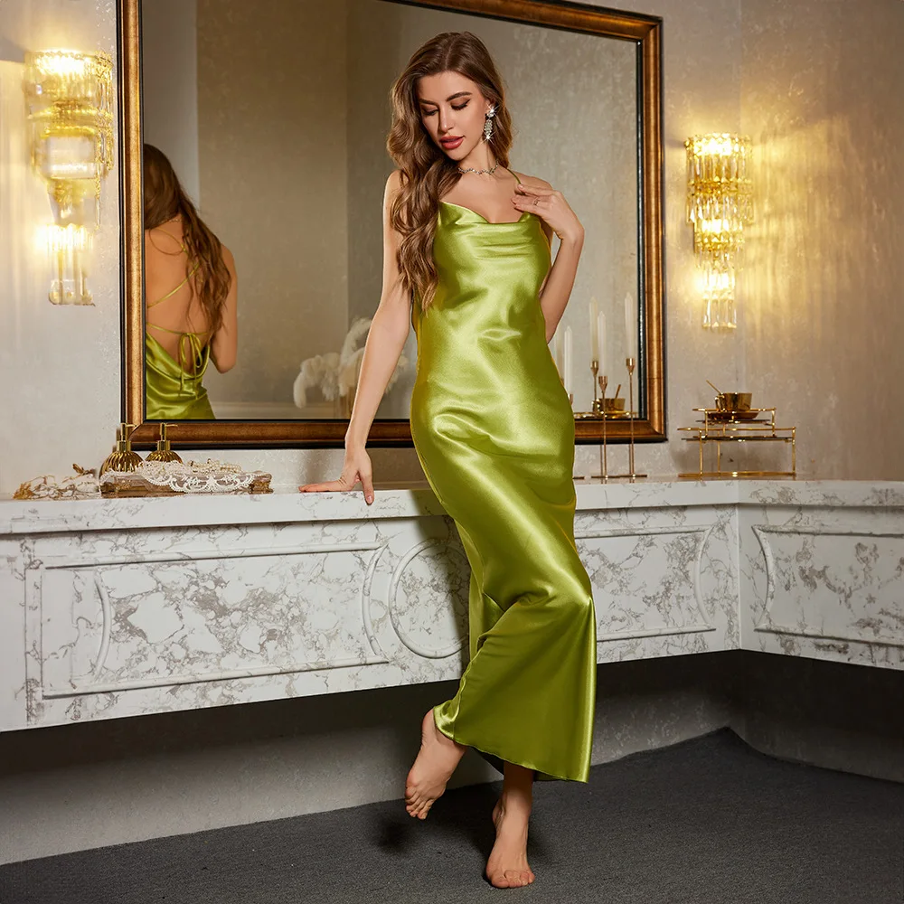 

High-End Sexy Ice Silk Sleepwear for Women in Spring & Summer: Alluring Open-Back Long Sleep Dress to Ignite Your Passion