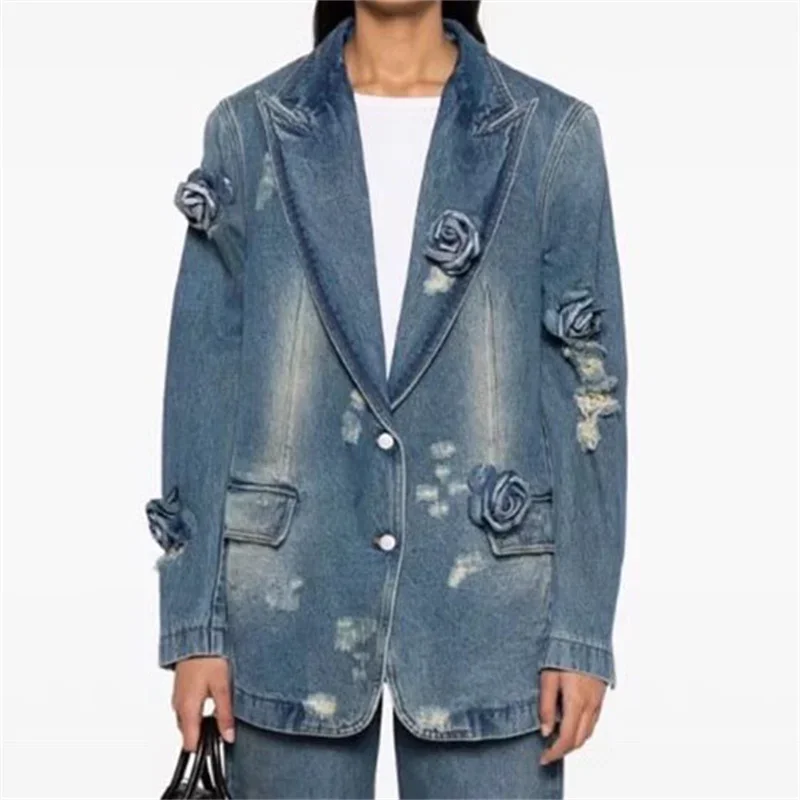 

Jackets for women 2024 Spring outerwears 3D Flower Decoration Women's Denim Coat Vintage Distressed Pure cotton long sleeved top