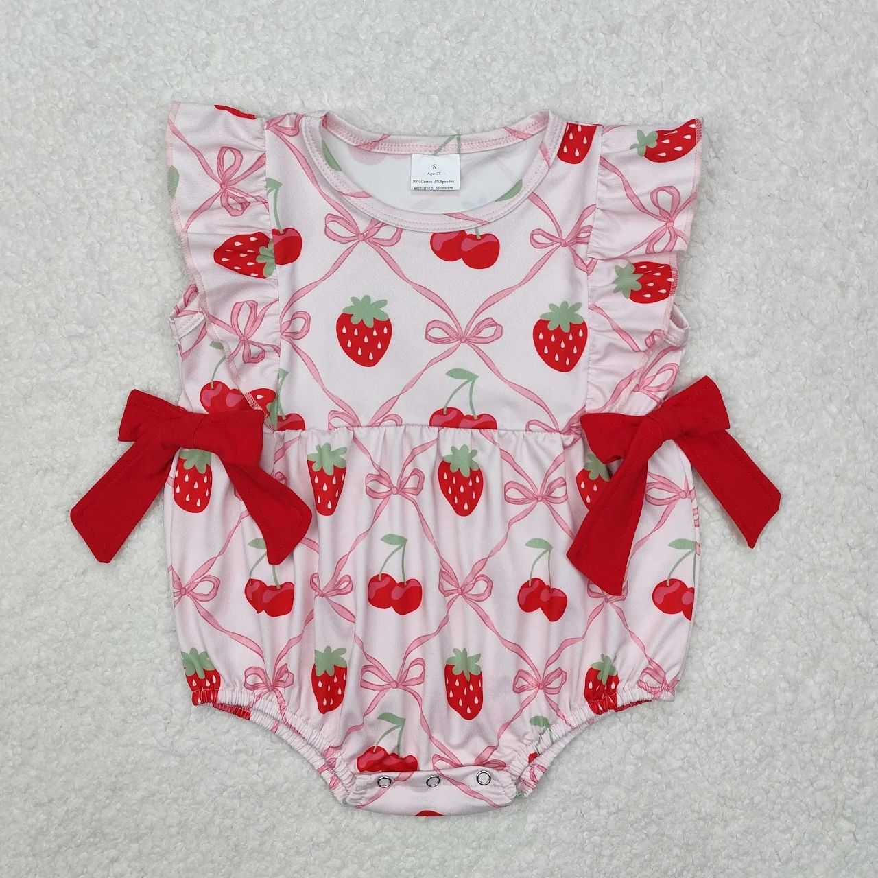 Wholesale Baby Girl Kids Bodysuit Toddler Newborn Bubble Jumpsuit Bows Clothing Children Short Sleeves Strawberry Ruffle Romper