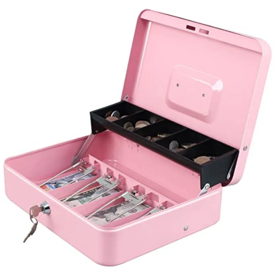 

Cash Box with Money Tray and Key Lock, Tiered, Cantilever Design, 4 Bill/ 5 Coin Slots, 11.8" x 9.5" x 3.5", Pink