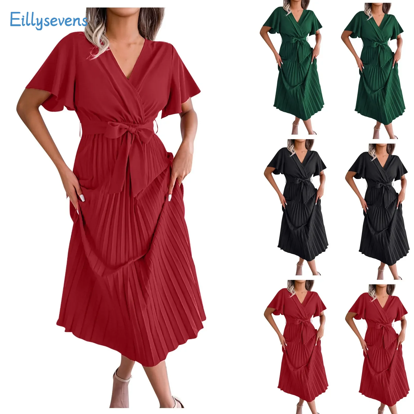 New Fashion Dresses For Women Trend Sexy Cross V-Neck Lace-Up Large Hem Pleated Long Dress Daily Party Date Comfy Loose Dress