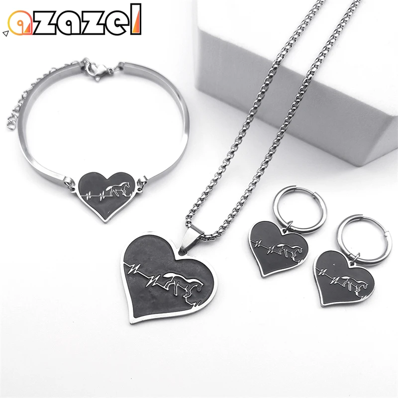 Horse Stainless Steel Jewelry Set for Women Men Black Heart Necklace Drop Earrings Bracelet Jewelry conjuntos de joyas Gifts