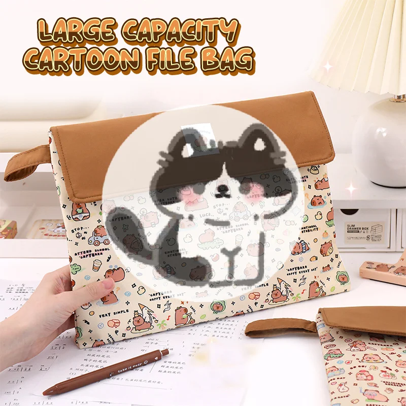 

New Large Capacity Cute Capybara Print File Folder Portable Cartoon Mini Capybara Storage Bag Creative Washable Document Bag