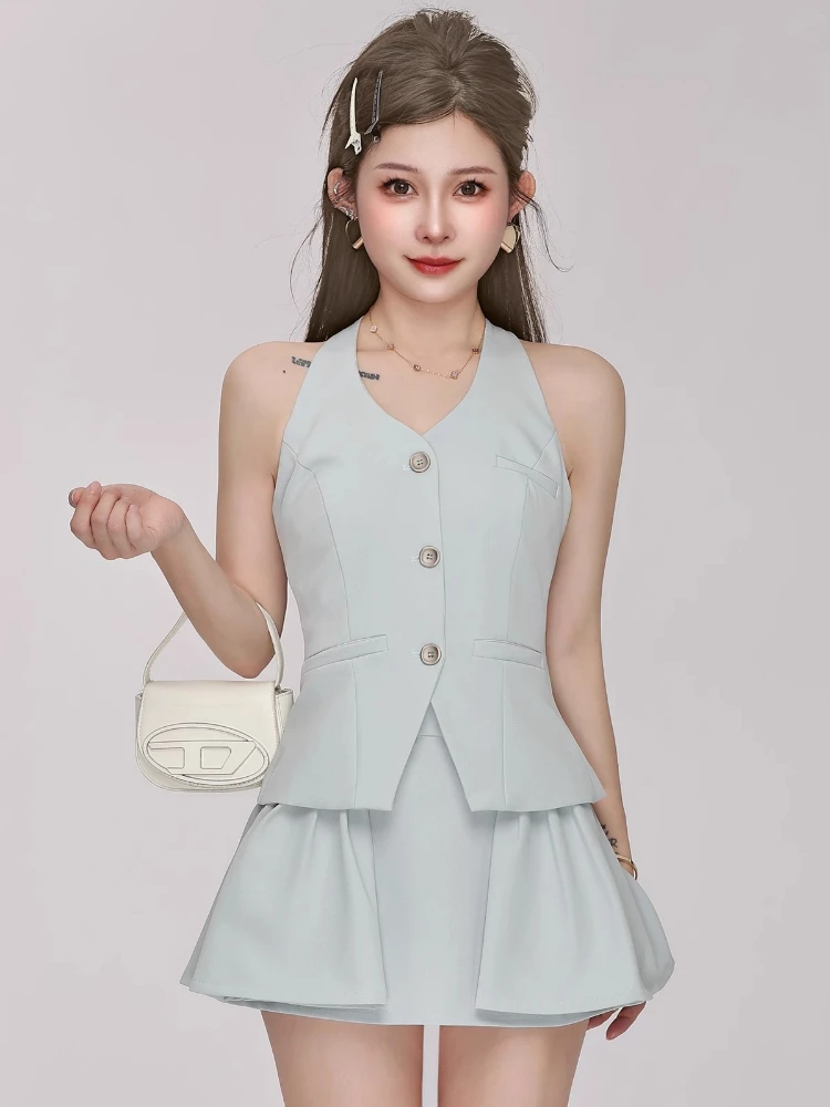 2024 French Sweet Commuter Suit Women Summer Sexy Bow Backless Blazer Vest+High Waist A-Line Skirt Elegant Slim-Fit 2-Piece Set