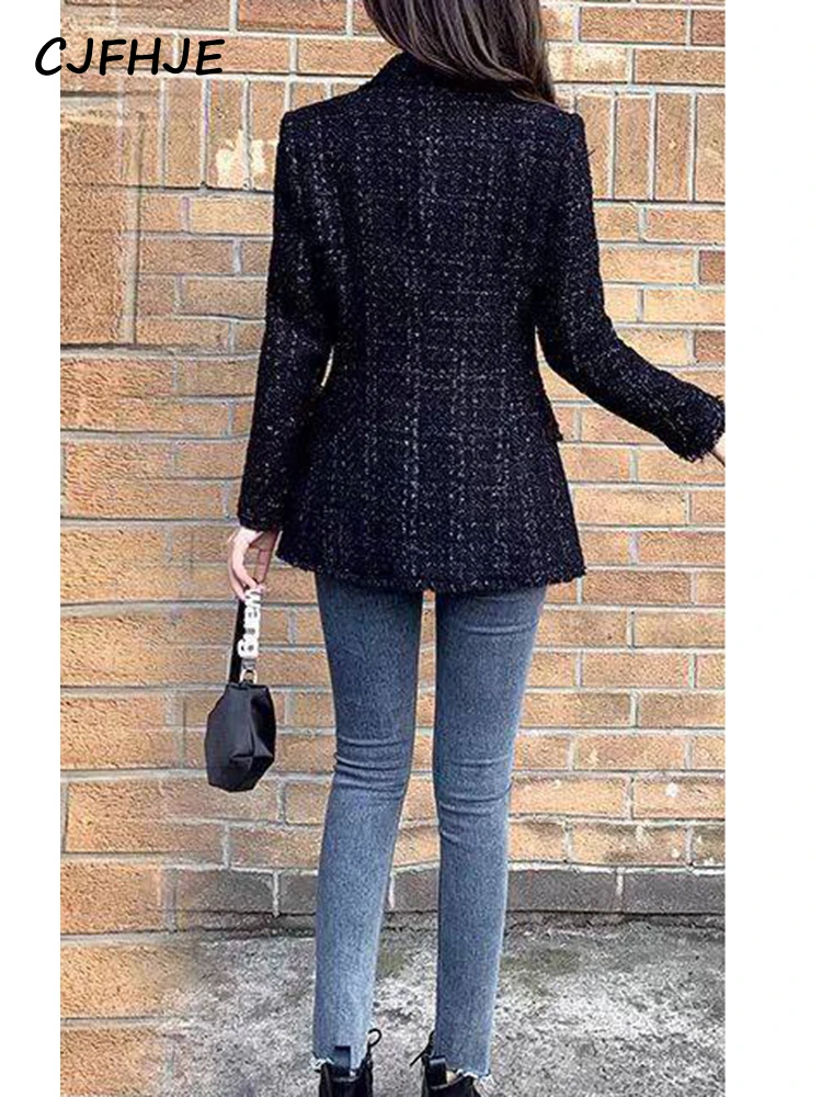 CJFHJE Women Fashion Tweed Double Breasted Black Blazer Coat Vintage Long Sleeve Flap Pockets Female Outerwear Chic Suit Femme