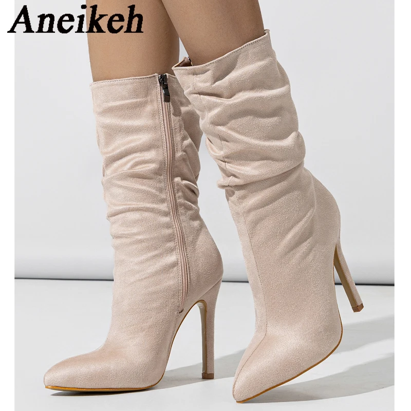 Aneikeh Sexy Pointed Toe Party Stripper Dance Heels Fashion Pleated Ankle Boots For Women Autumn Stiletto Shoes Chelsea Booties