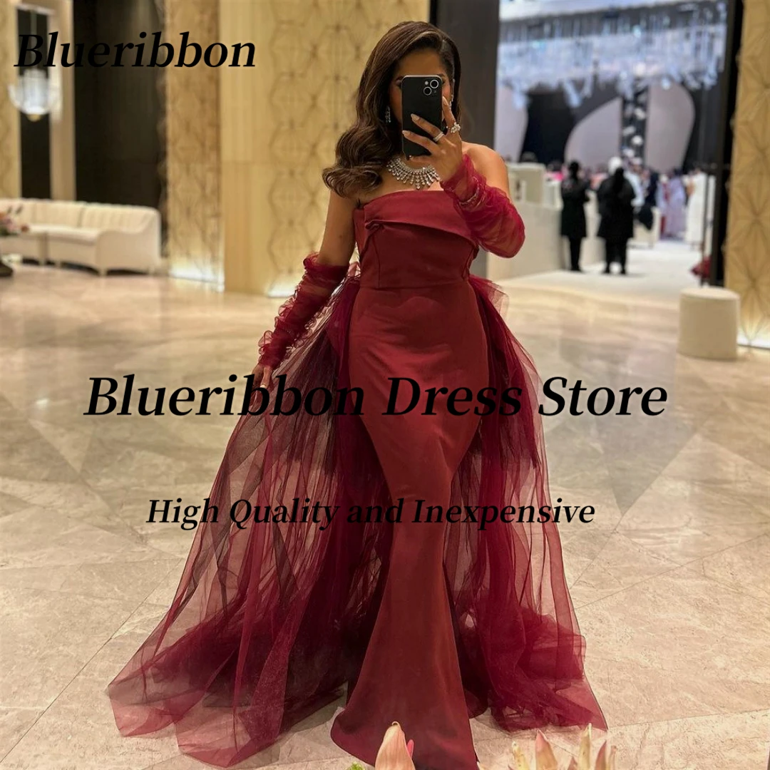 

Blueribbon 2024 Mermaid Dresses Saudi Arabia Women Wear Strapless Prom Party Long Sleeves Tulle Train Formal Evening Gowns