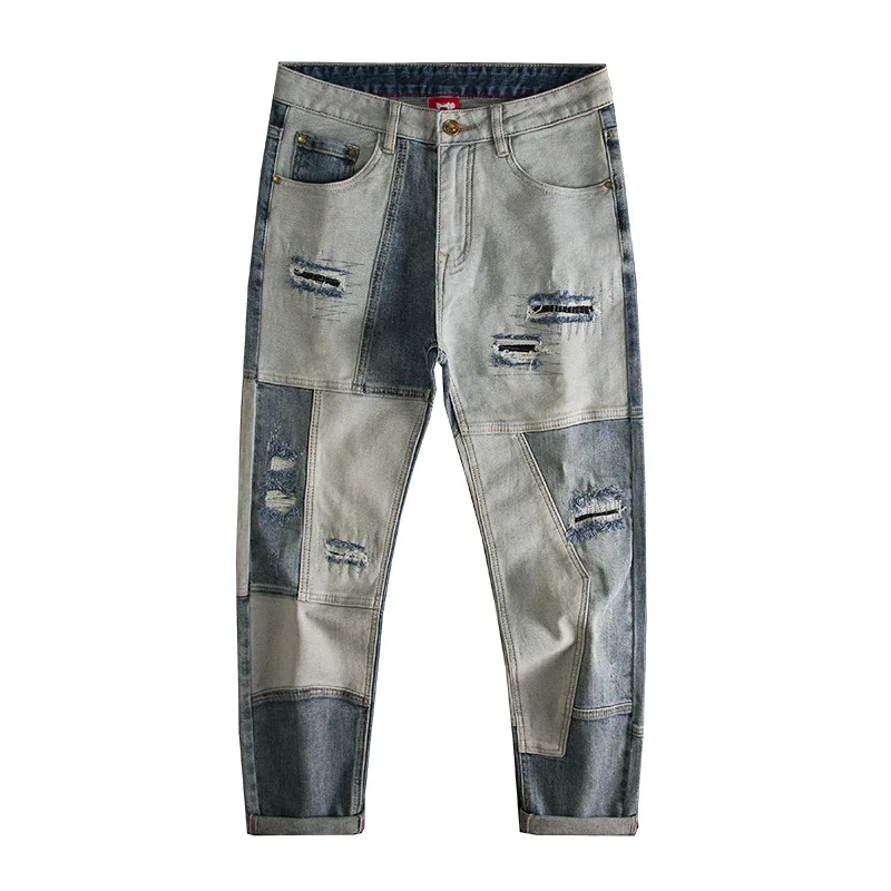 Splicing denim jeans with men's ripped patch design, stylish street style, stretchy, slim fit, small straight leg, trendy pants