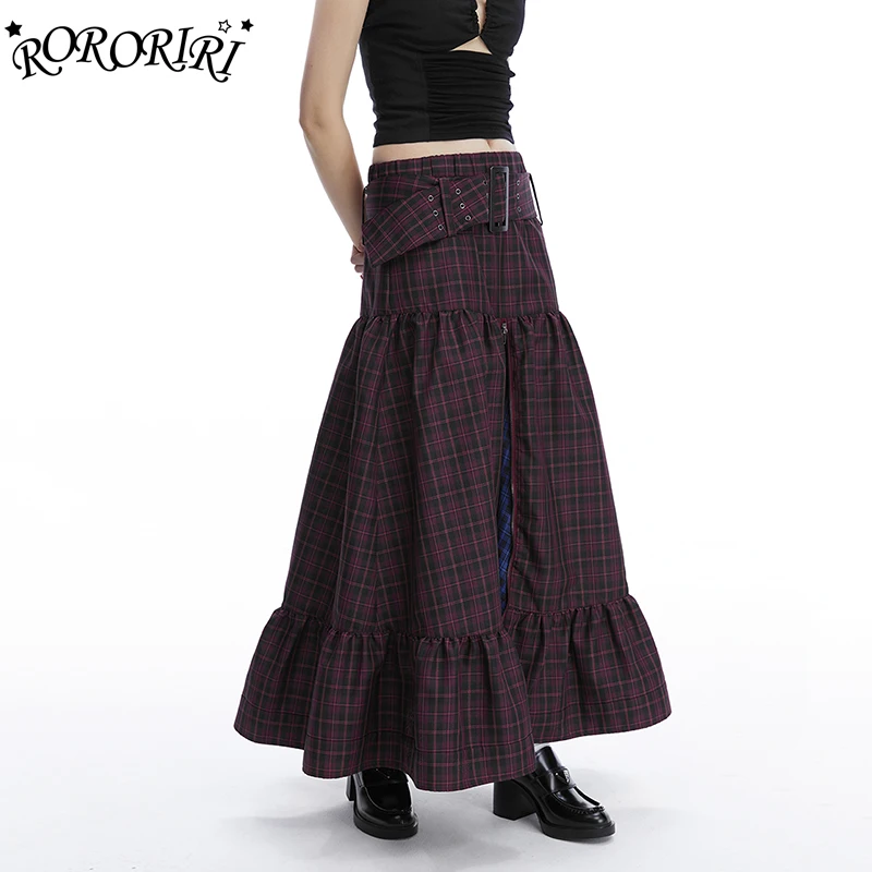 

RORORIRI Retro Plaid Belted Long Skirt Women Elastic-Low-Waist Ruffle Zipper Split Puffy Balloon Skirt Punk Grunge Streetwear