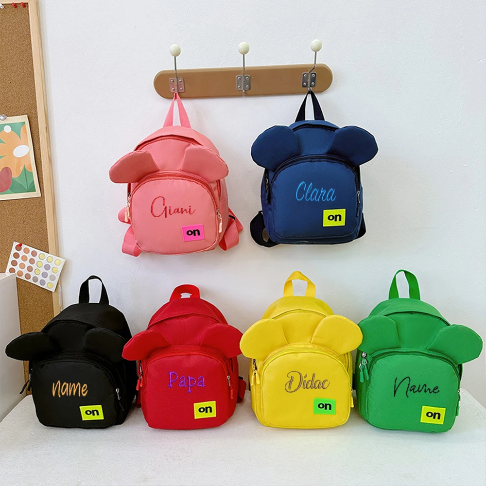 

New Personalized Nylon Backpack Customized Embroidered Name Children's Bag Cartoon Cute Little Bear Mini Solid Color Student Bag