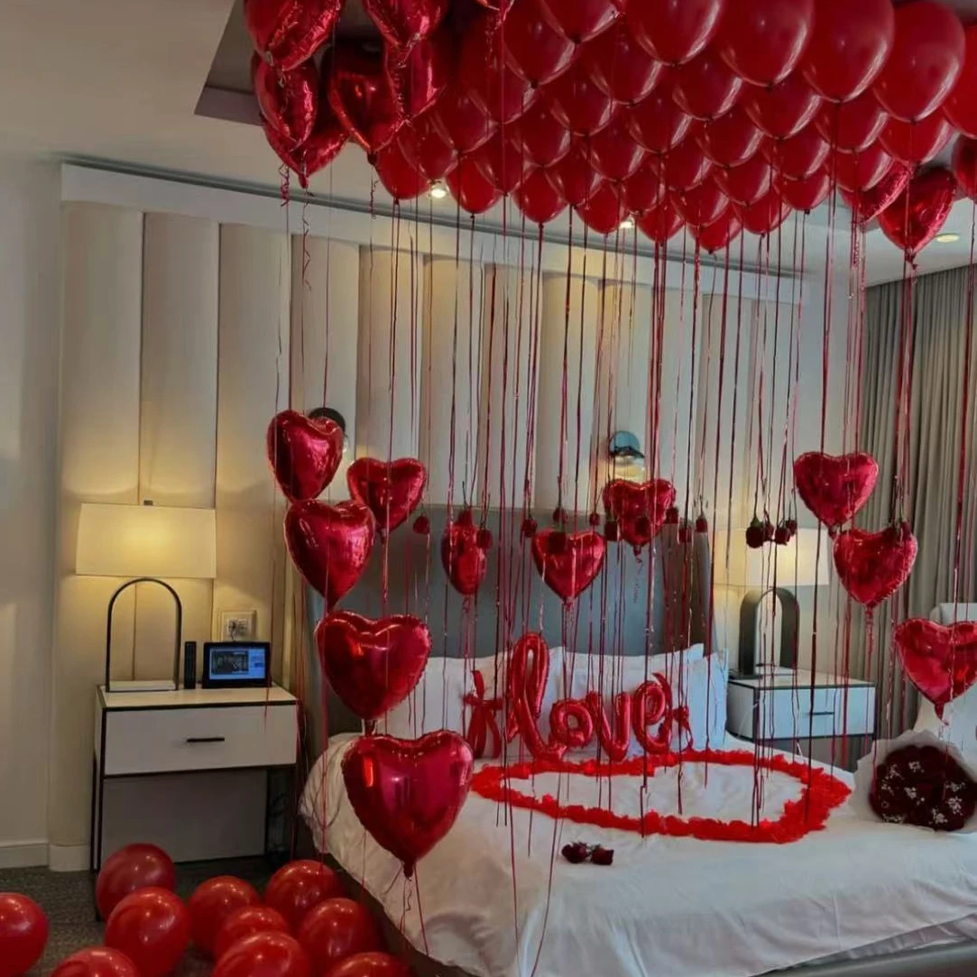 مجموعة بالونات Red LOVE مع بالون فيلم ألومنيوم أحمر الحب وبالون مقاس 10 بوصة لذكرى الزفاف وديكور حفلات أعياد الميلاد #4