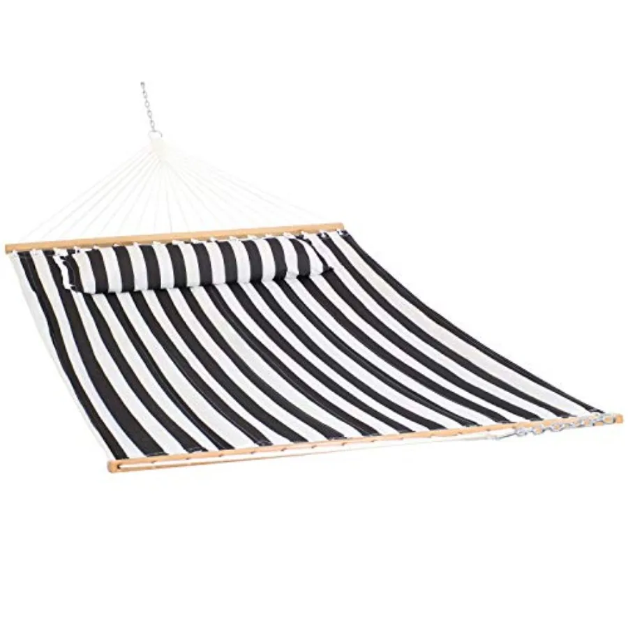 

Outdoor quilted double hammock with spreader bars and pillow, polyester fabric, black white, UV resistant and quick dry, 450 lb