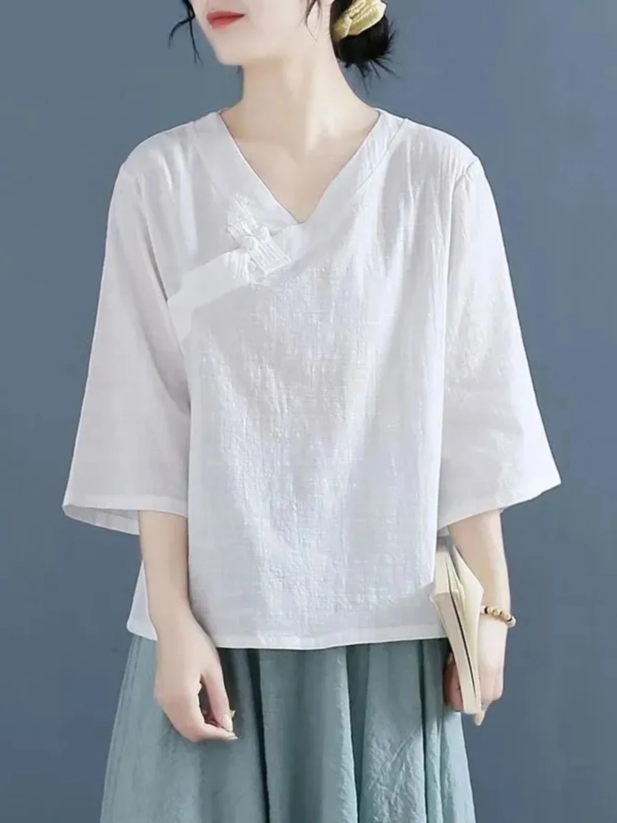 Losse Katoenen Linnen Dames T-shirt V-ne Vijfkwart Sve Vintage Zen Sle Thee Kleding Button Up Zomer Nieuwe Collectie