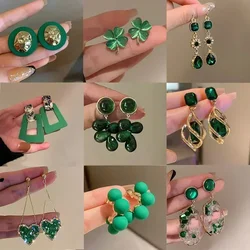 2026 New Korean Fashion Green Heart Flower Bow Drop Earrings for Women Geometry Square Jewelry Oorbellen Gift
