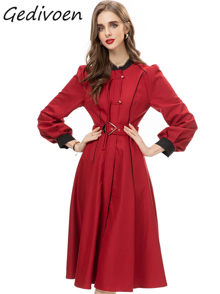 

Gedivoen Autumn Fashion Runway Red Vintage Spliced Dress Women Lantern Sleeve Lace Button Sashes Gathered Waist Slim Long Dress