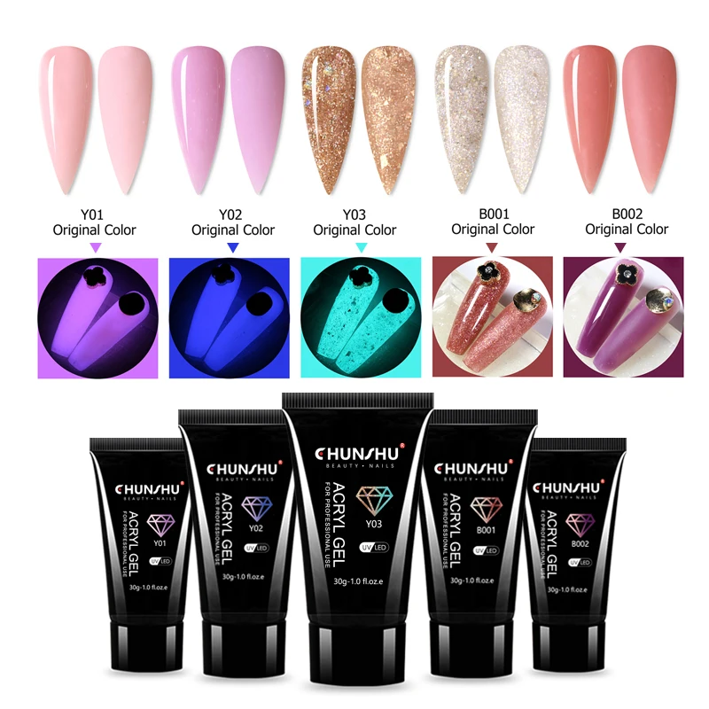 CHUNSHU-Gel acrílico que brilla en la oscuridad, extensión de uñas de polietileno para dedos, cambio de luz semipermanente, UV, herramientas de arte de uñas, 30ML