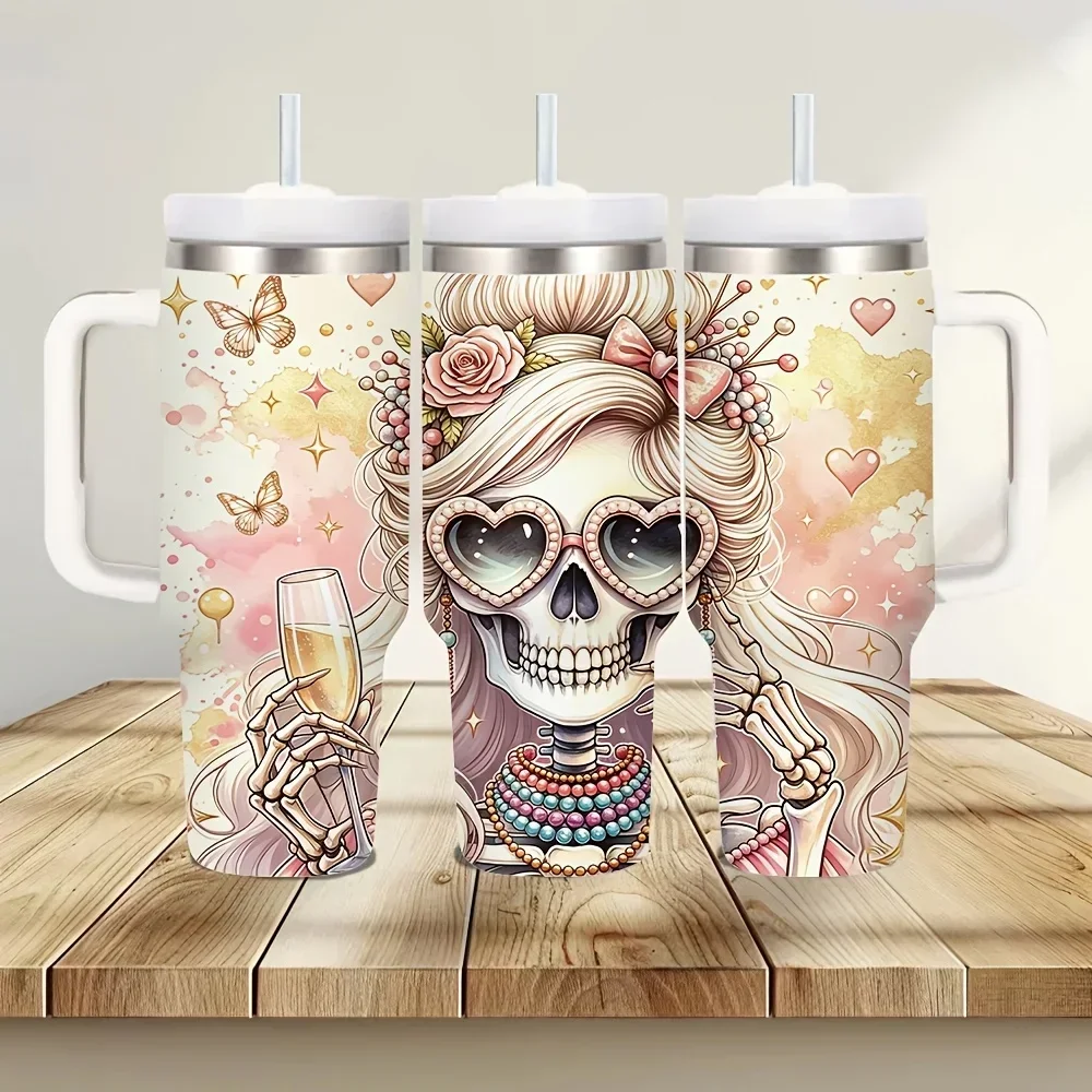 40oz Tumbler with Handle, Insulated Cup for Both Hot And Cold Drinks, Pink Glam Skeleton Print for Women, Ideal for Daily Use, Travel And Outdoor Activities