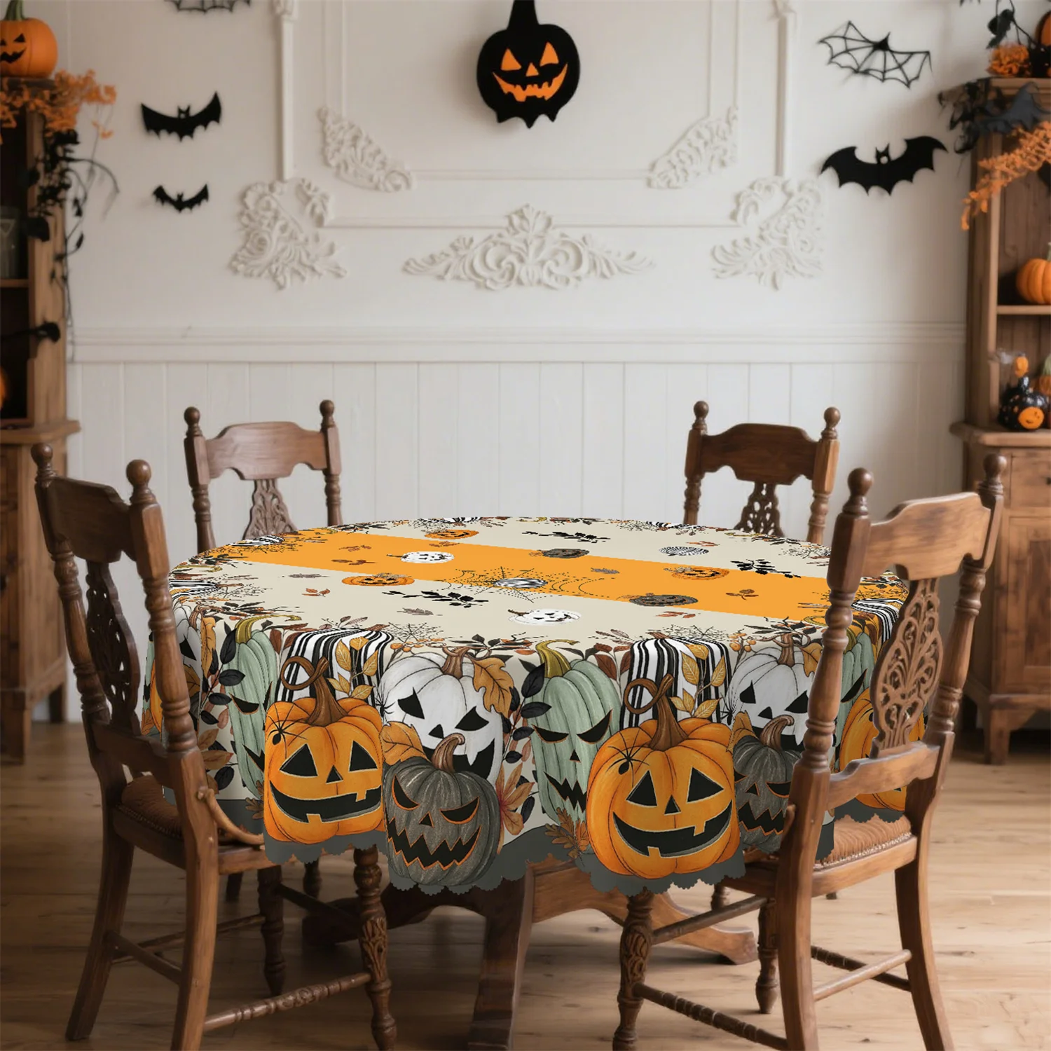 Pumpkin lanterns, fallen leaves, Halloween tablecloth, 1 pack, suitable for indoor and outdoor furniture and festive decorations