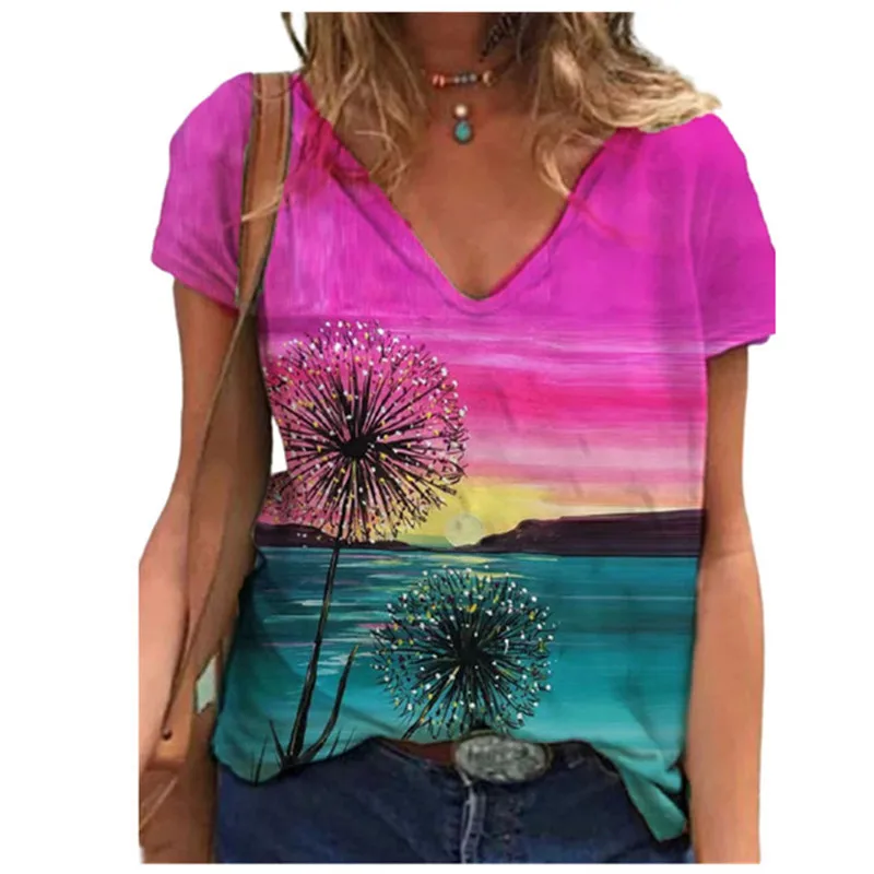 Fashion New Flower Floral 3D Print T-Shirts Women\'s Streetwear V-Neck T Shirt Female Tee Tops Oversized Harajuku Y2k Clothing