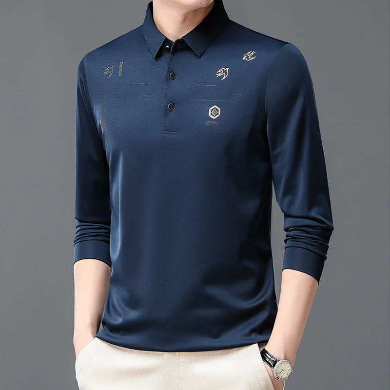 Spring and Autumn Men's Pullover Polo Button Solid Printing Rhinestone Long Sleeve T-shirt Polo Bottom Fashion Formal Tops