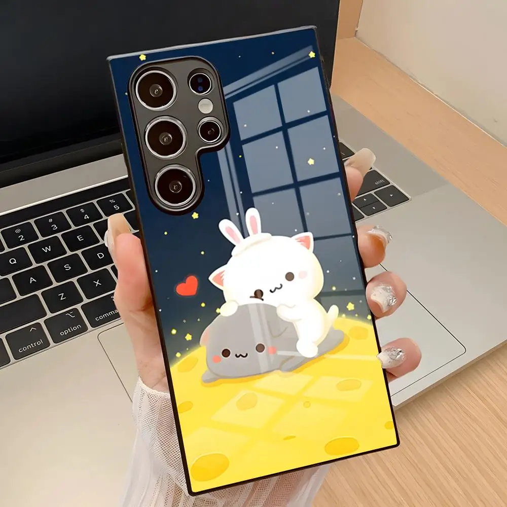Peach Mochi Cat Gaming Phone Case for Samsung A17 S26 Ultra S24 25 Fe S22 S20 S23 21 A57 A37 A54 A34 A53 A16 Glass Cover