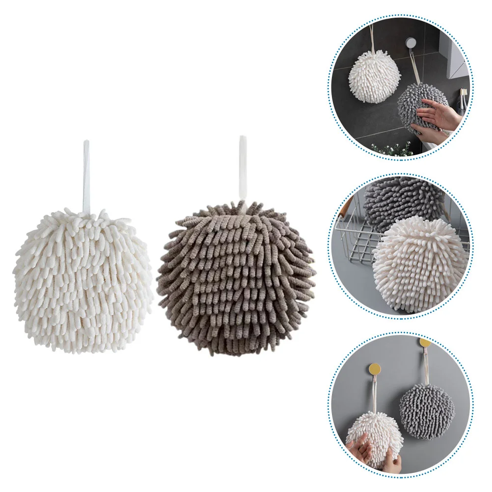 2 Pcs Hanging Hand Towel Wall Towels Water Absorbent Washcloth Fuzzy Ball Chenille with Loop Washcloths