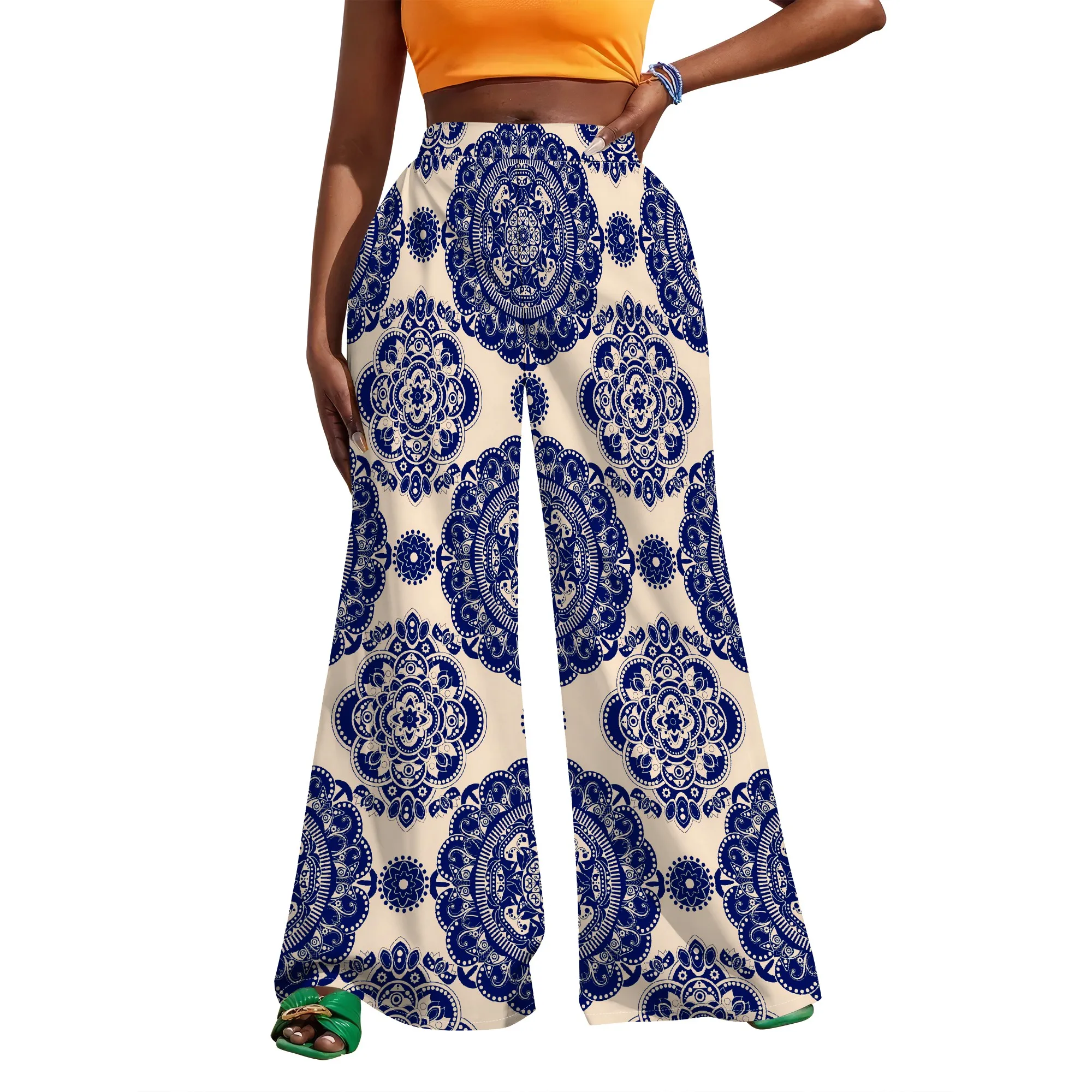 Women’s High Waist Wide Leg Pants Rainbow Paint Print Summer Streetwear Casual Trousers