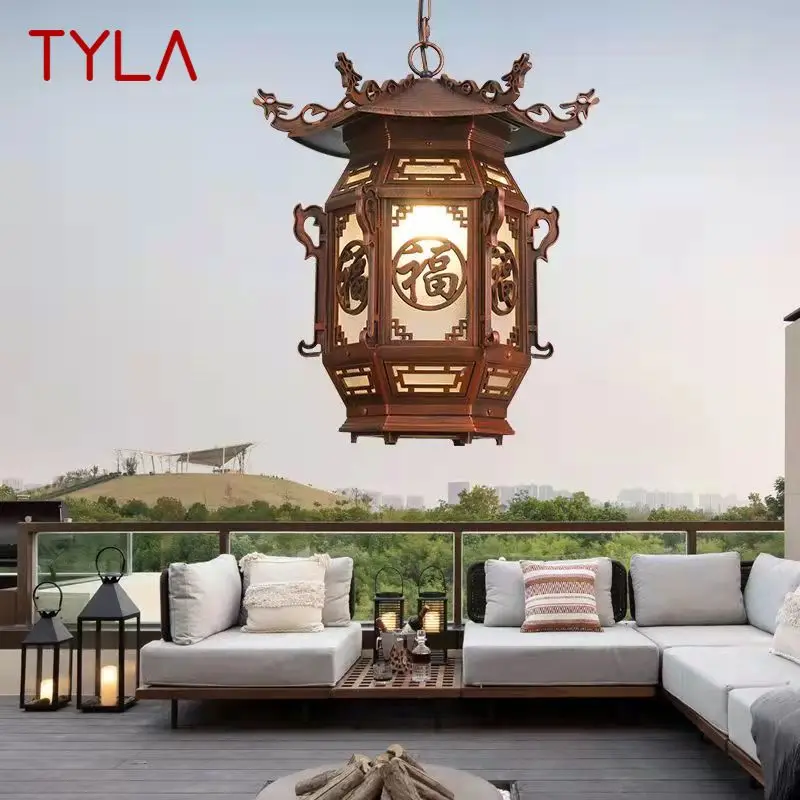 

TYLA Chinese Lantern Pendant Lamps Outdoor Waterproof LED Brown Retro Chandelier for Home Hotel Corridor Decor Electricity