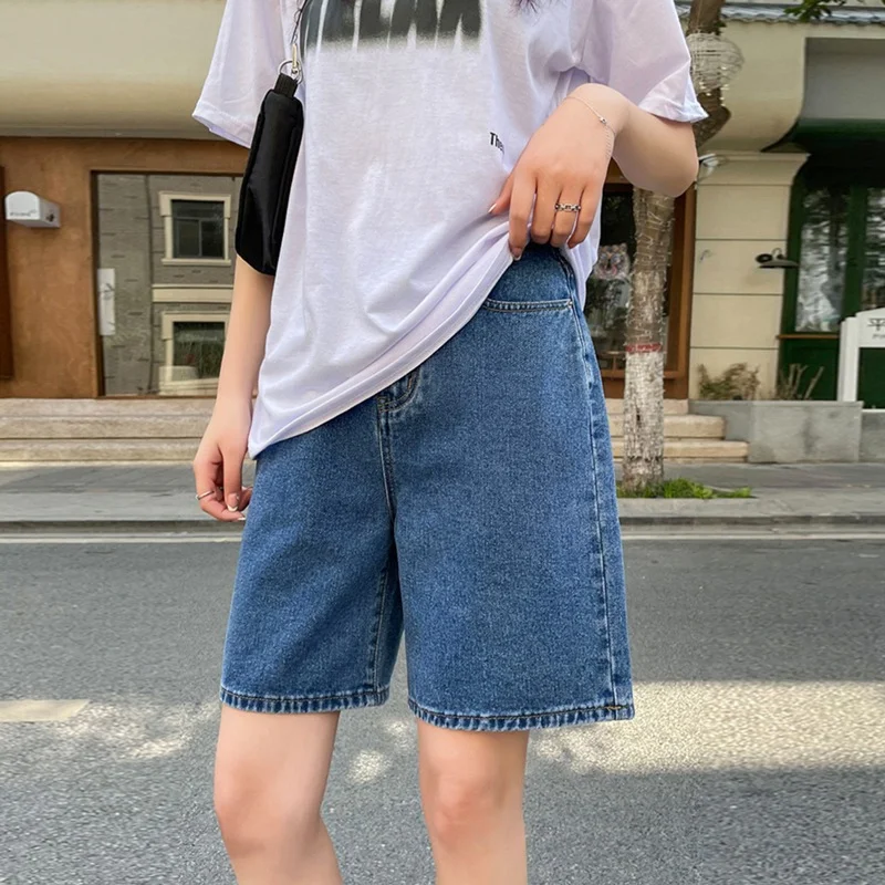 Estilo coreano clássico denim shorts para as mulheres, cintura alta calças perna larga, streetwear