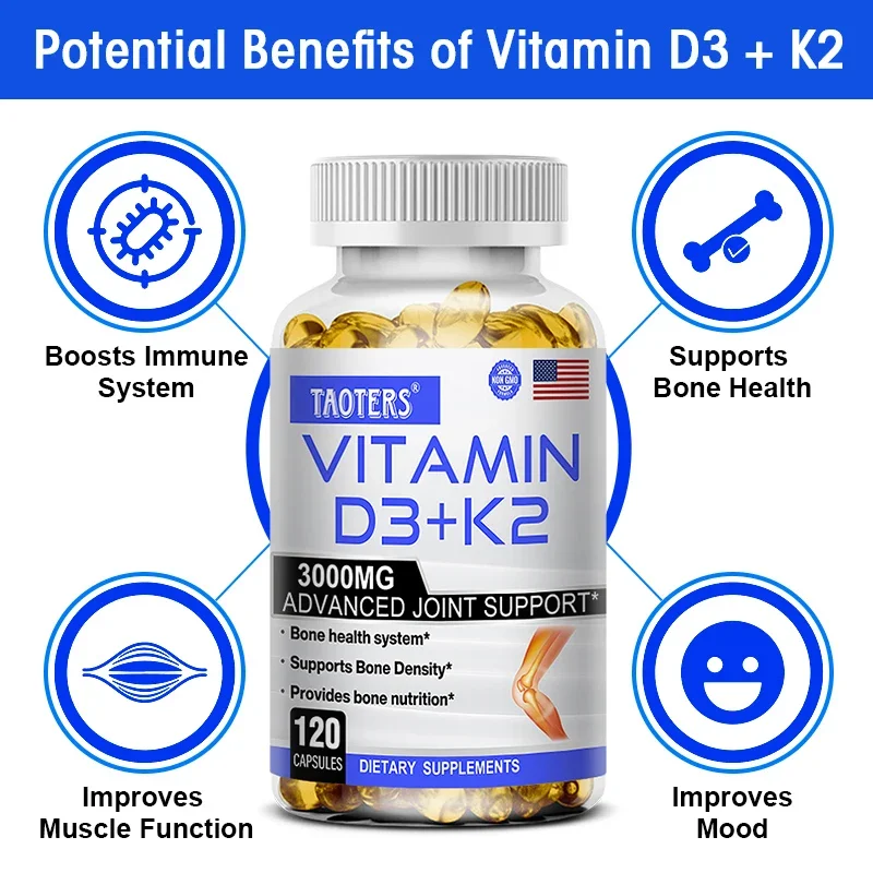 TAOTERS Suplemento de vitamina D3+K2 para apoyar la salud de las articulaciones, huesos y inmune Fórmula sin OGM complejo de vitamina D y K fácil de rodar