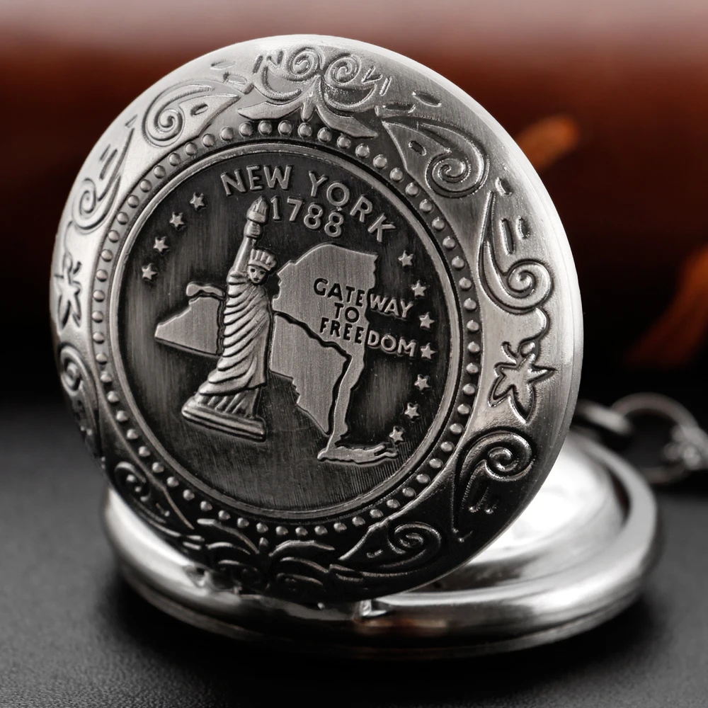 Cinza Aço 1788 Estátua da Liberdade Quartz Pocket Watch Fundada Nos Estados Unidos Mapa Relógio Retro Pingente Presente Dos Homens