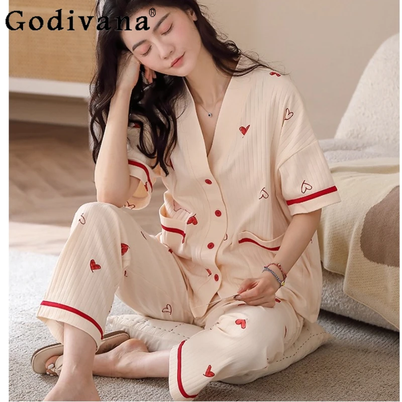

2025 Girl Summer Cotton Sweet Heart Shape Print V-neck Short Sleeve Cardigan Pajamas Set New Pants Loose Thin Simple Loungewear