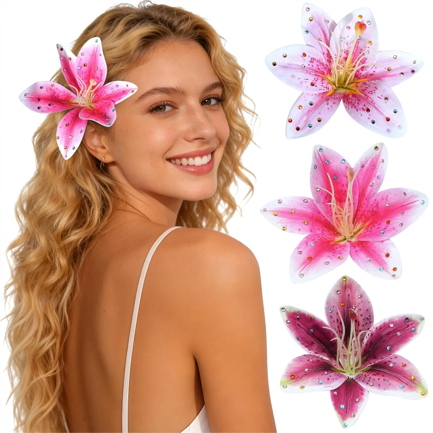 

3 Pack Hawaiian Flower Hair Clips Artificial Tropical Orchid Hair Pin With Rhinestone Hairpins Hair Accessories For Wedding Bridal Beach Party Pink Lily