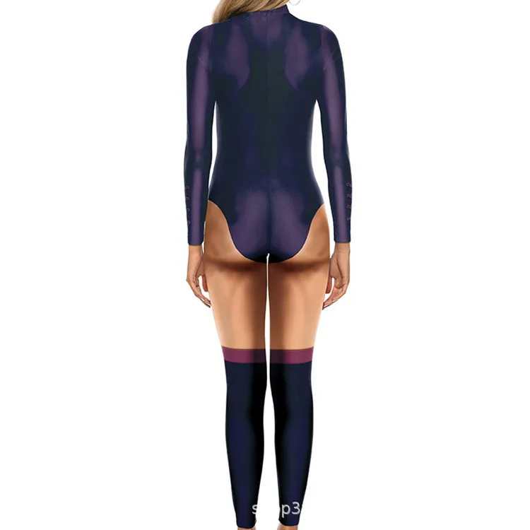 Halloween Sexy Damen Kostüm mit Digitaldruck, Karneval Bodysuit mit Reißverschluss, Party Cosplay Jumpsuit Outfit – Detail 12